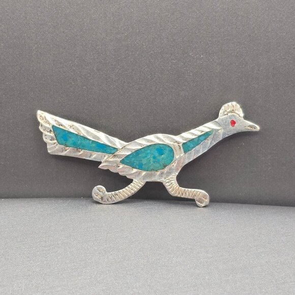Number 4 in a Bell Jewelry - Vintage Southwestern Sterling Silver Roadrunner Brooch Inlay Turquoise Coral